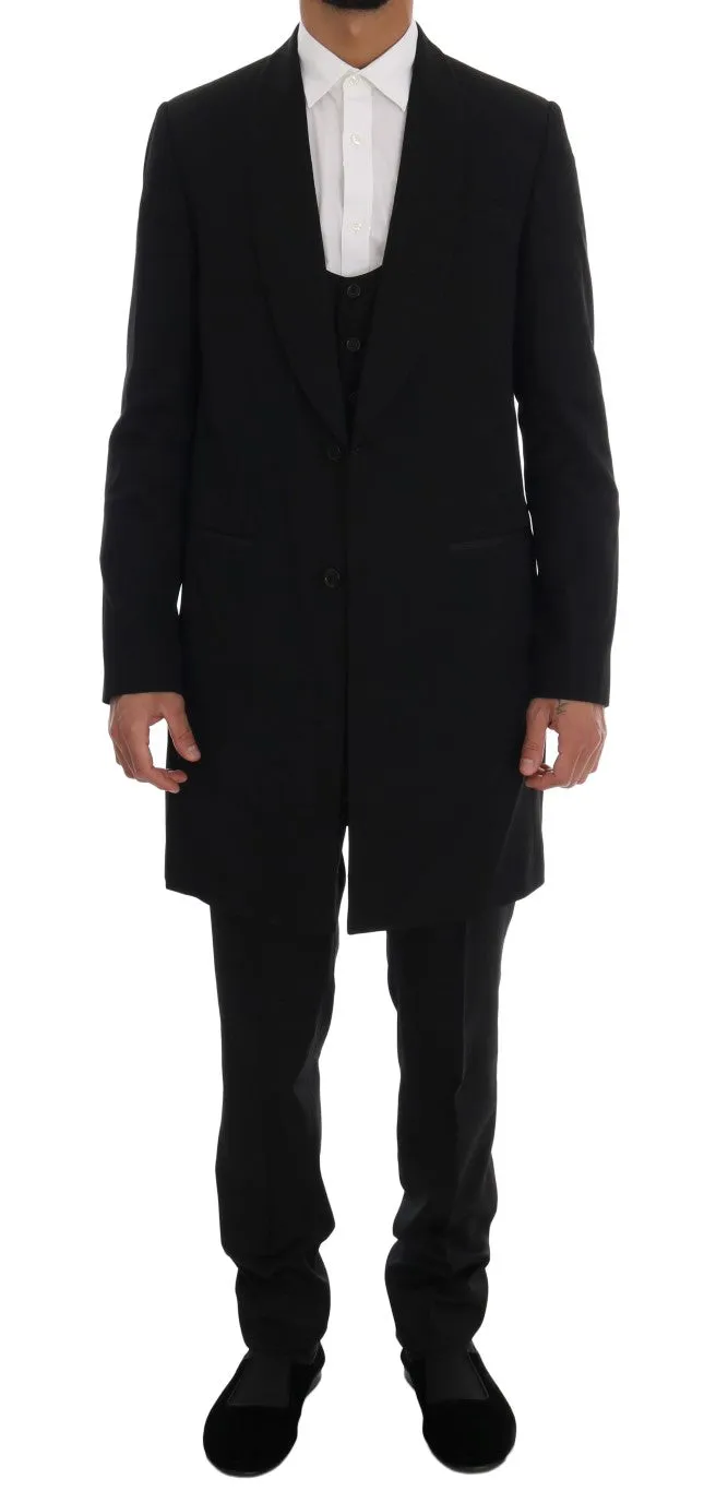 Black Wool Long 3 Piece Two Button Suit