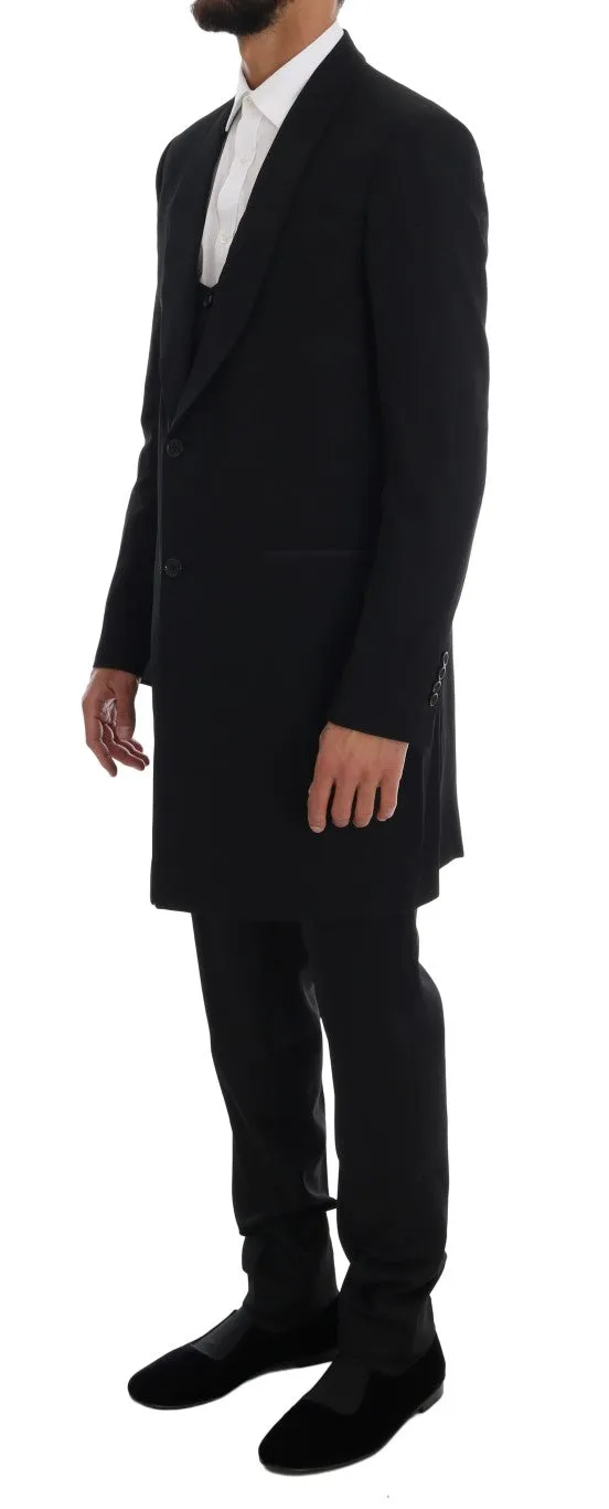 Black Wool Long 3 Piece Two Button Suit