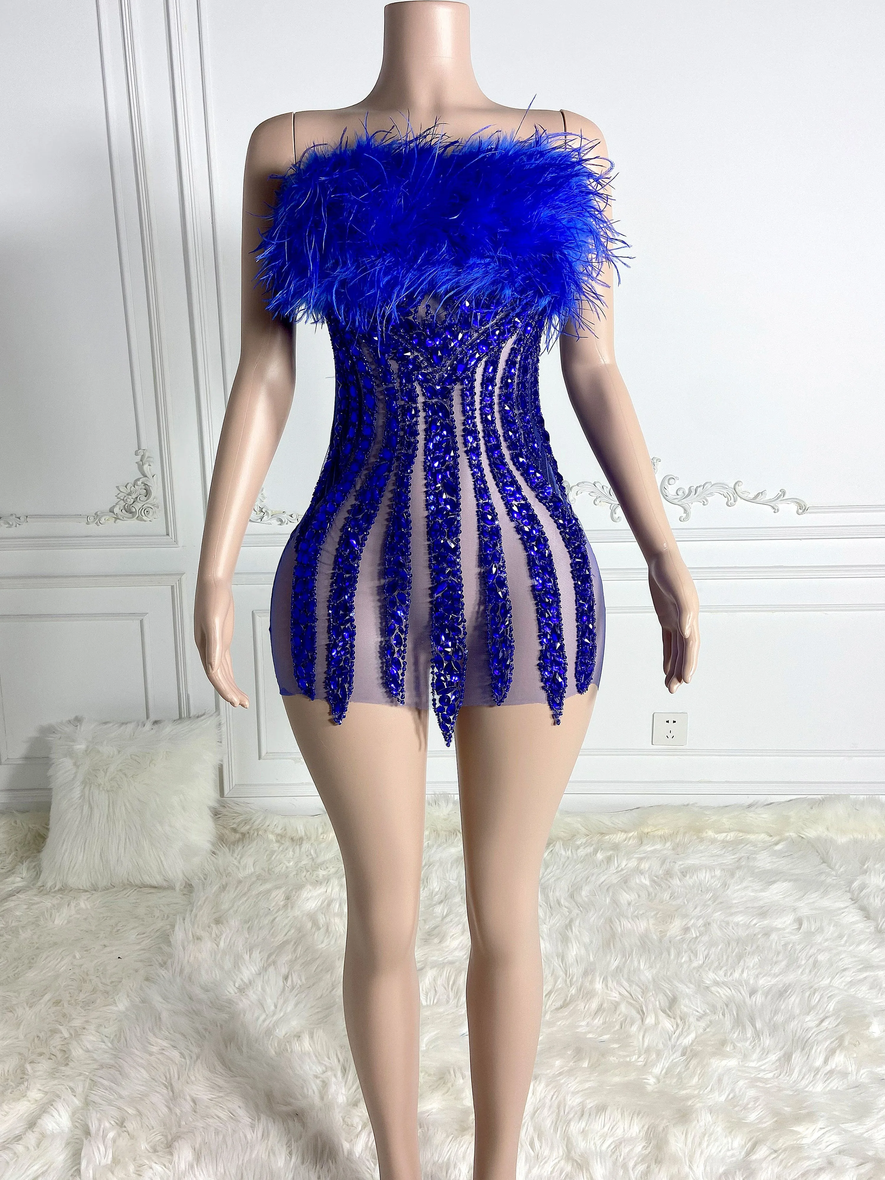 Blue Alluring Feather Mini Dress