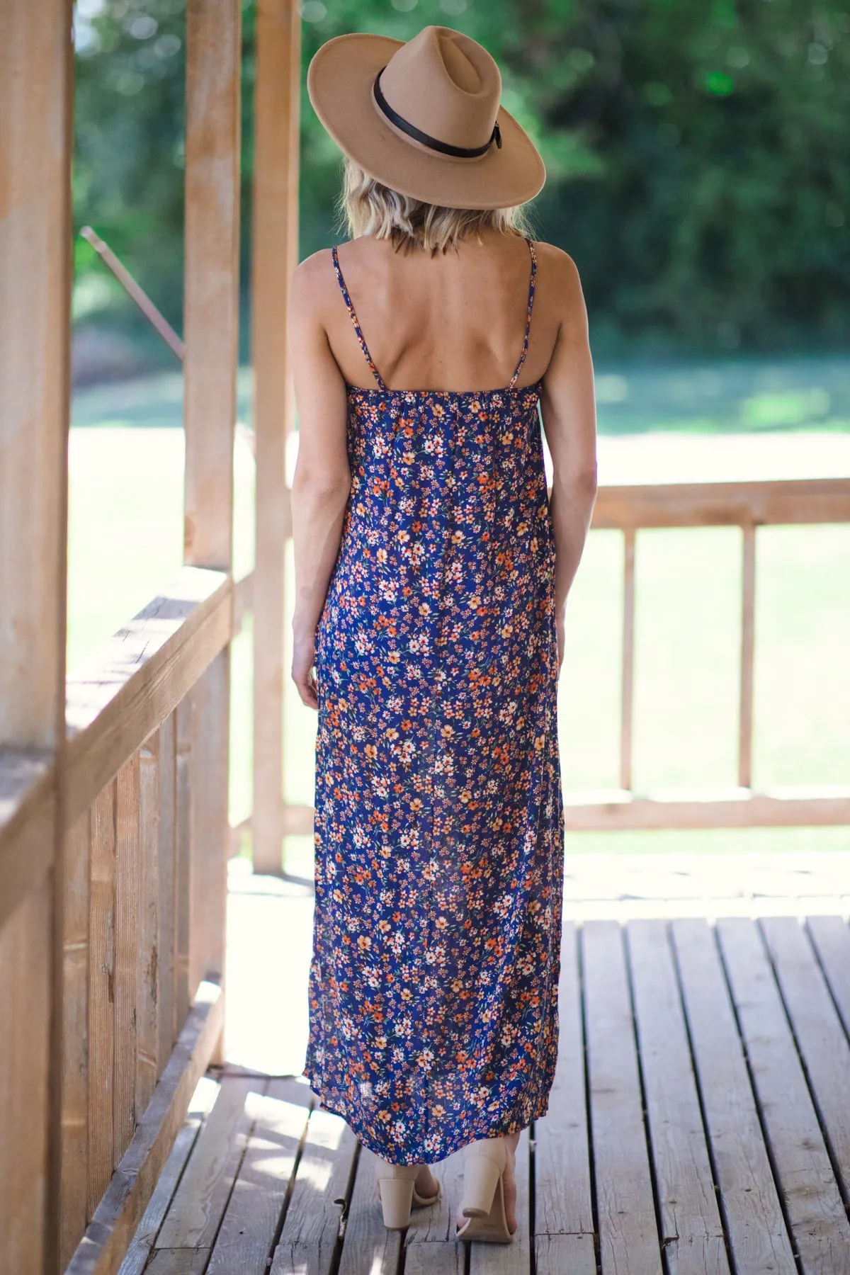 Blue and Mustard Floral Print Maxi Dress