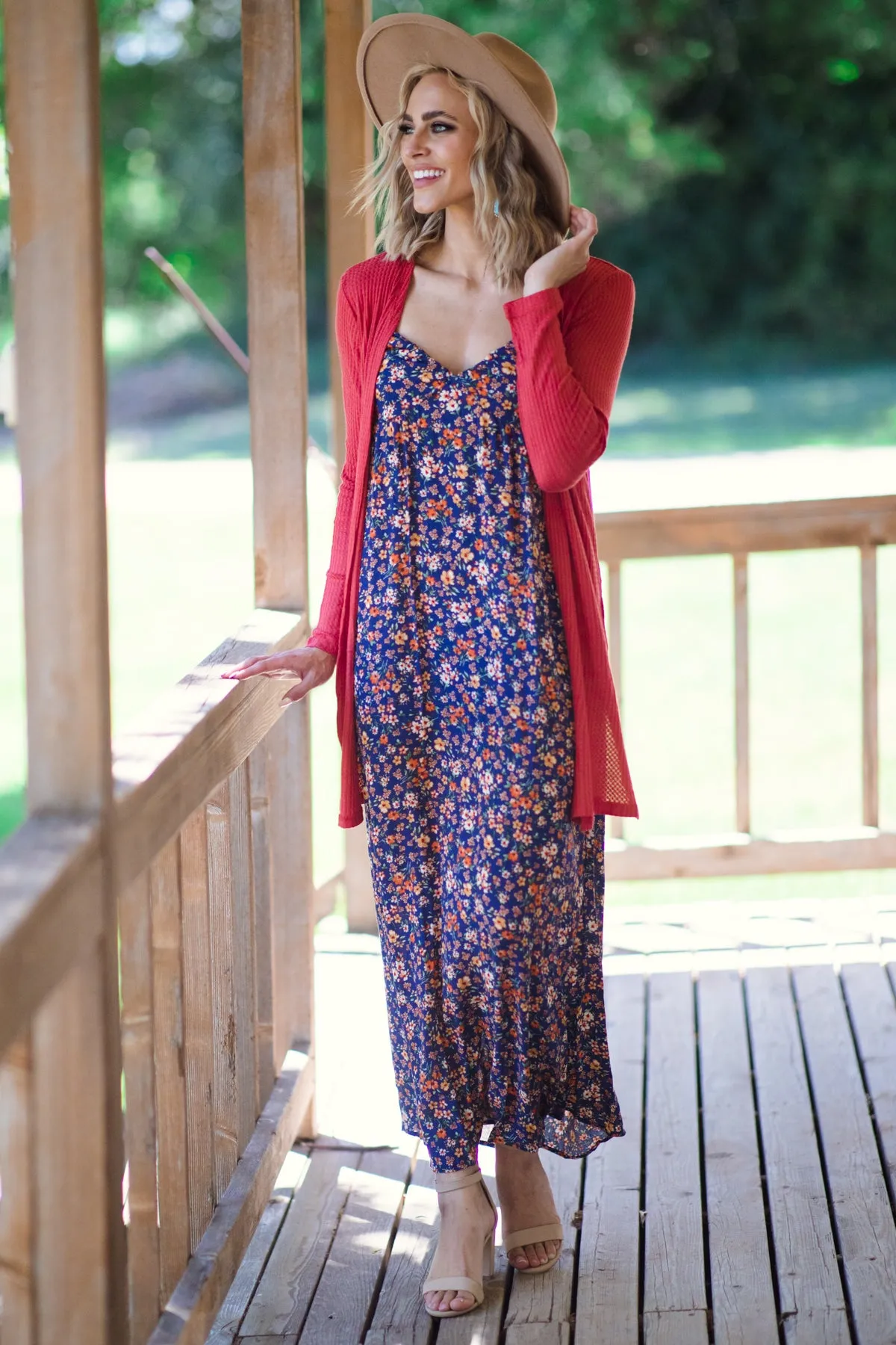 Blue and Mustard Floral Print Maxi Dress
