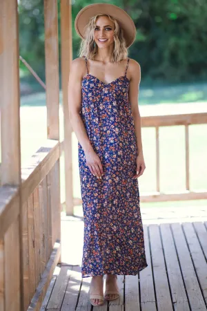 Blue and Mustard Floral Print Maxi Dress