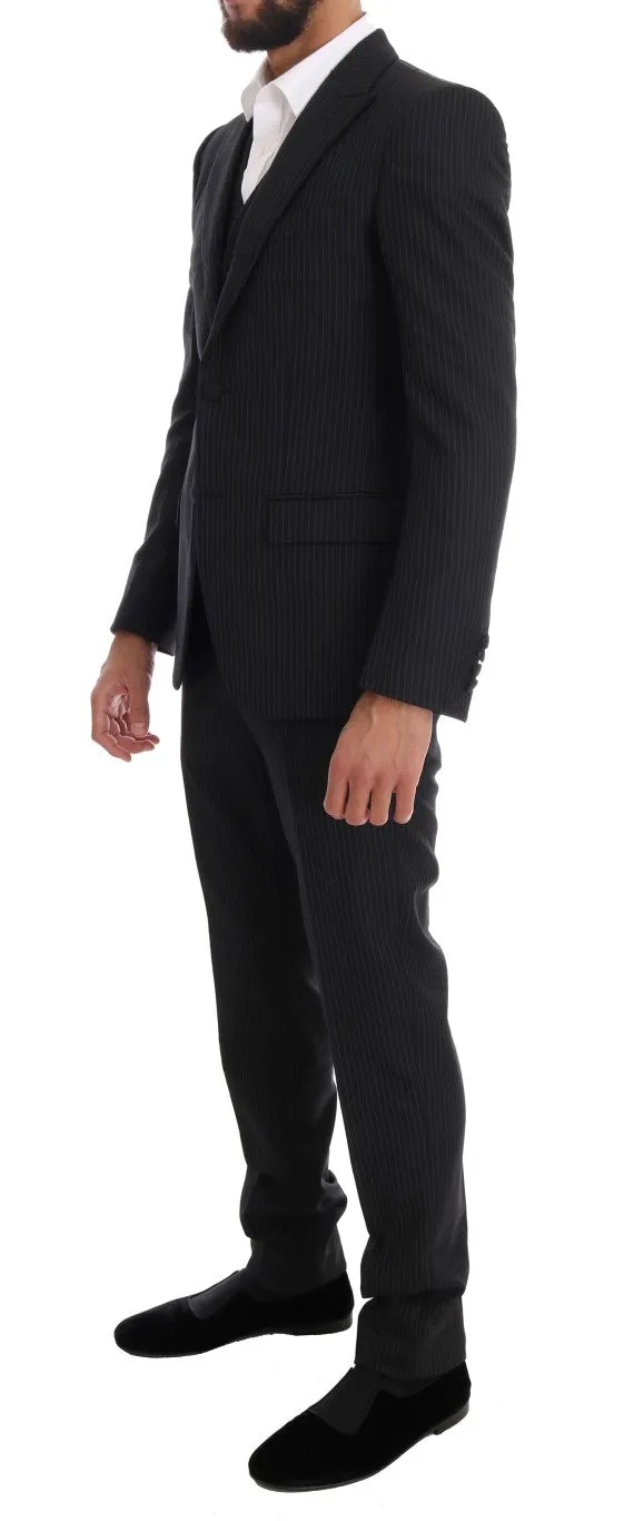 Blue Striped Two Button 3 Piece Suit