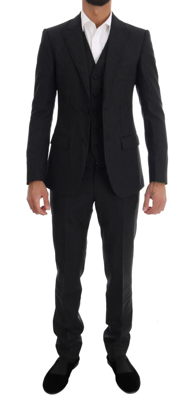 Blue Striped Two Button 3 Piece Suit