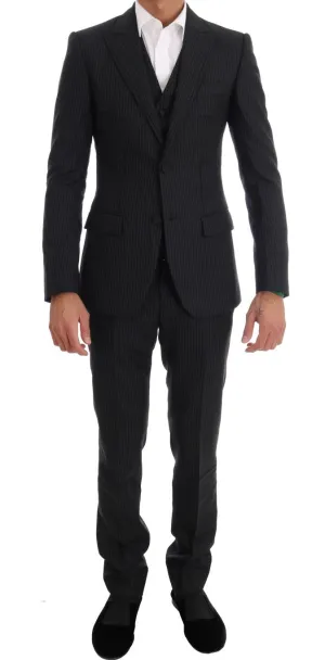 Blue Striped Two Button 3 Piece Suit