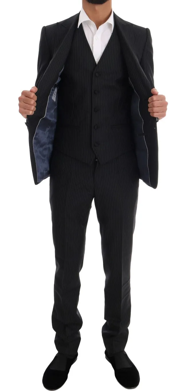 Blue Striped Two Button 3 Piece Suit