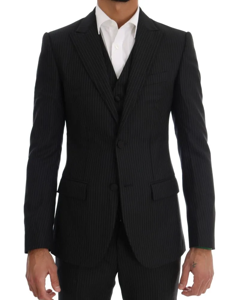 Blue Striped Two Button 3 Piece Suit