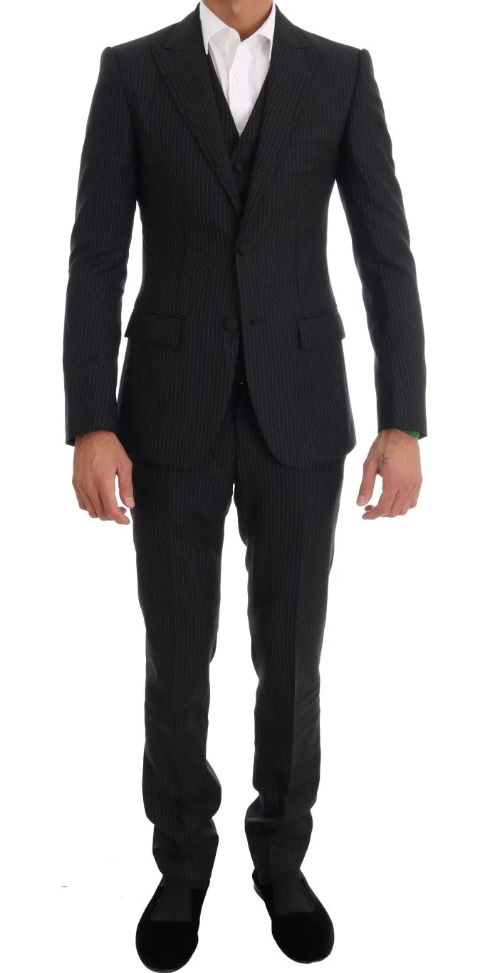 Blue Striped Two Button 3 Piece Suit