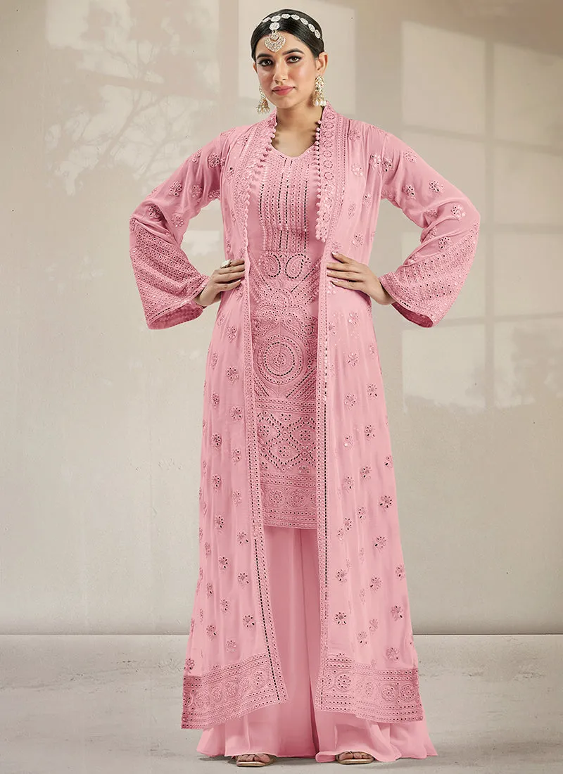 Blush Pink Mirror Work Embroidery Jacket Style Palazzo Suit