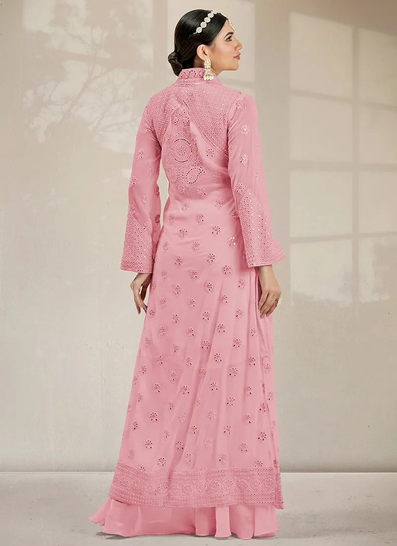 Blush Pink Mirror Work Embroidery Jacket Style Palazzo Suit