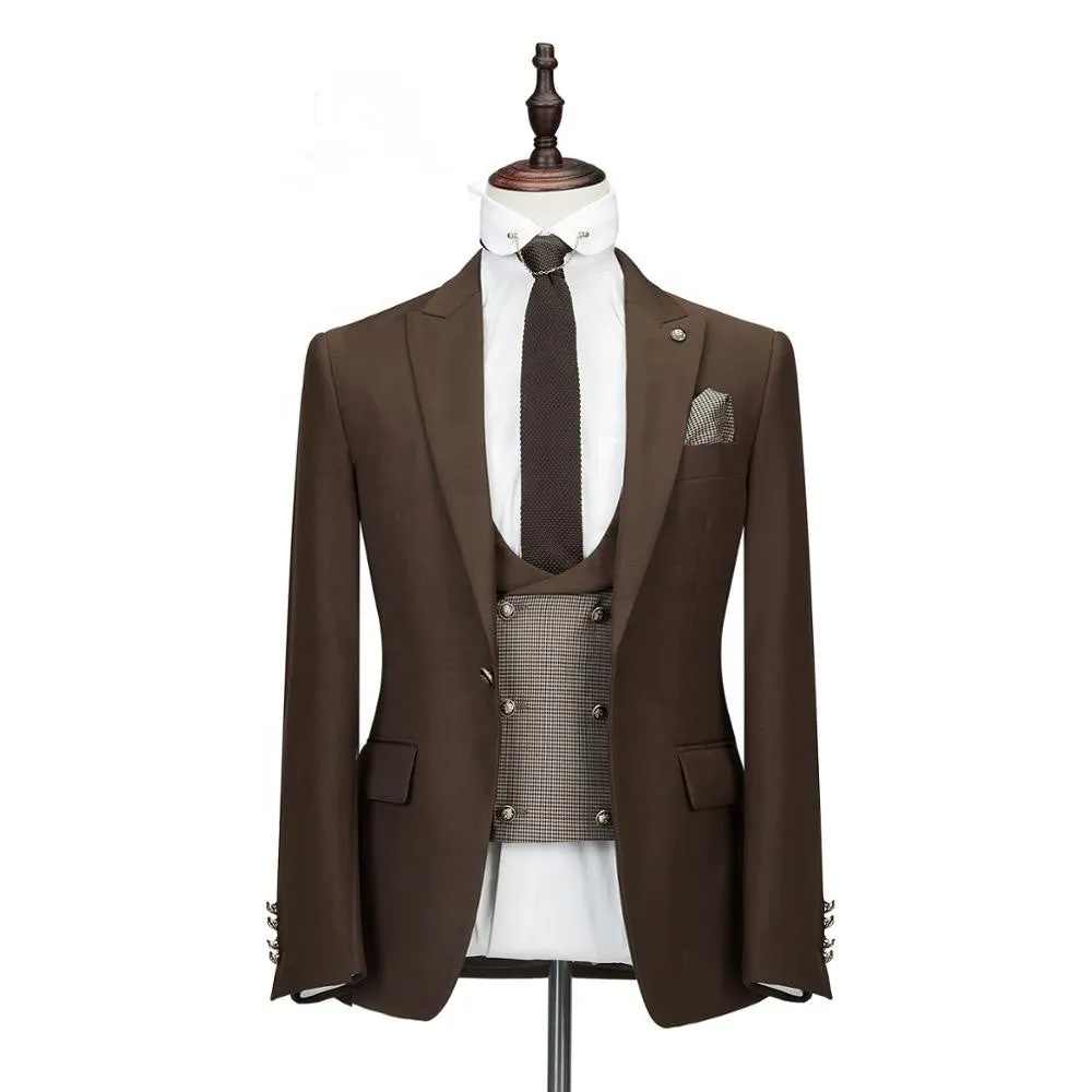 Brown Three Pieces Peaked Lapel Slim Fit Wedding Groom Suits