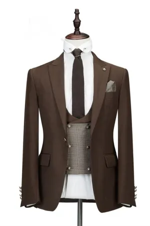 Brown Three Pieces Peaked Lapel Slim Fit Wedding Groom Suits
