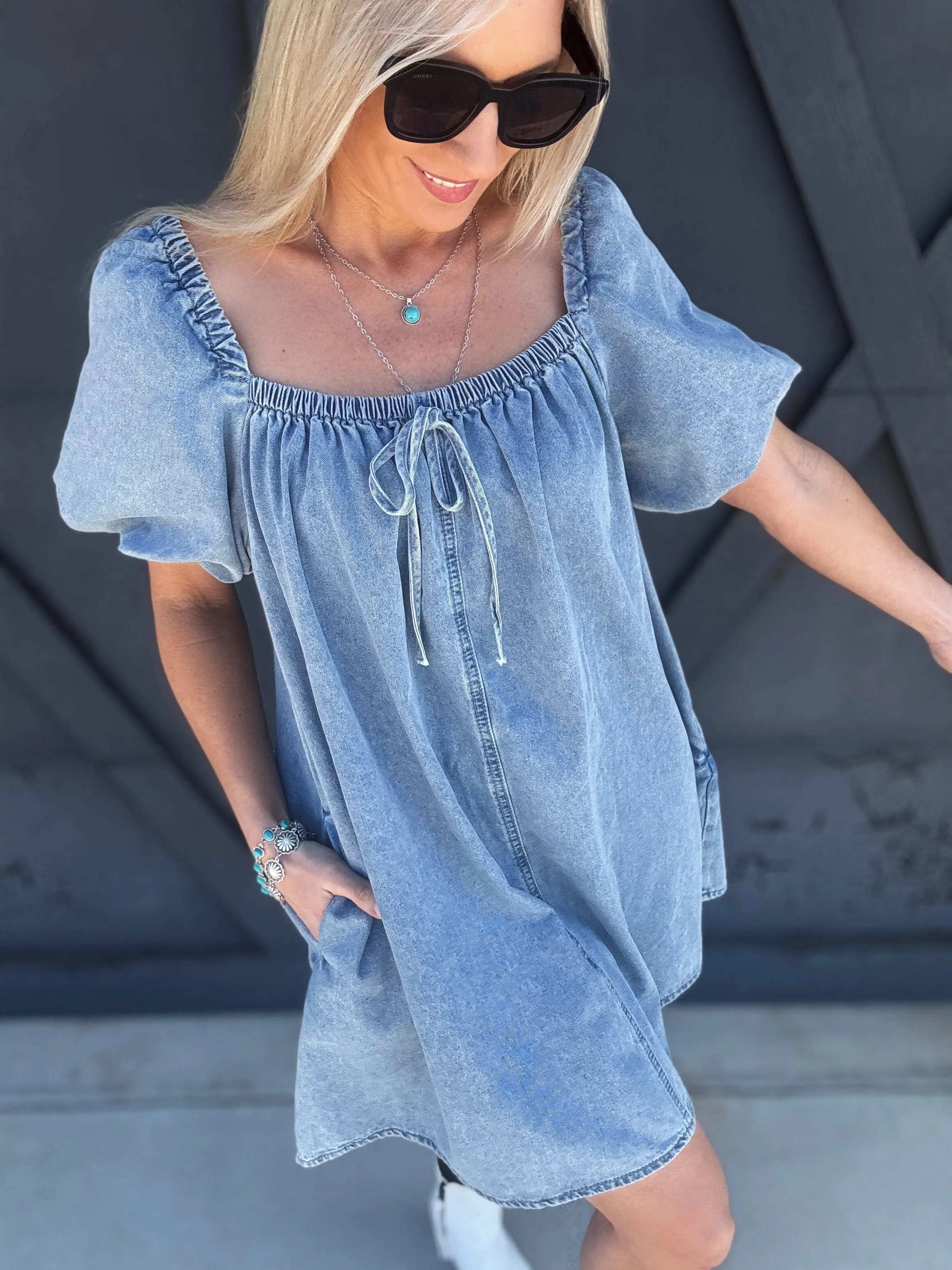 Bubble Sleeve Square Neck Dress In Denim