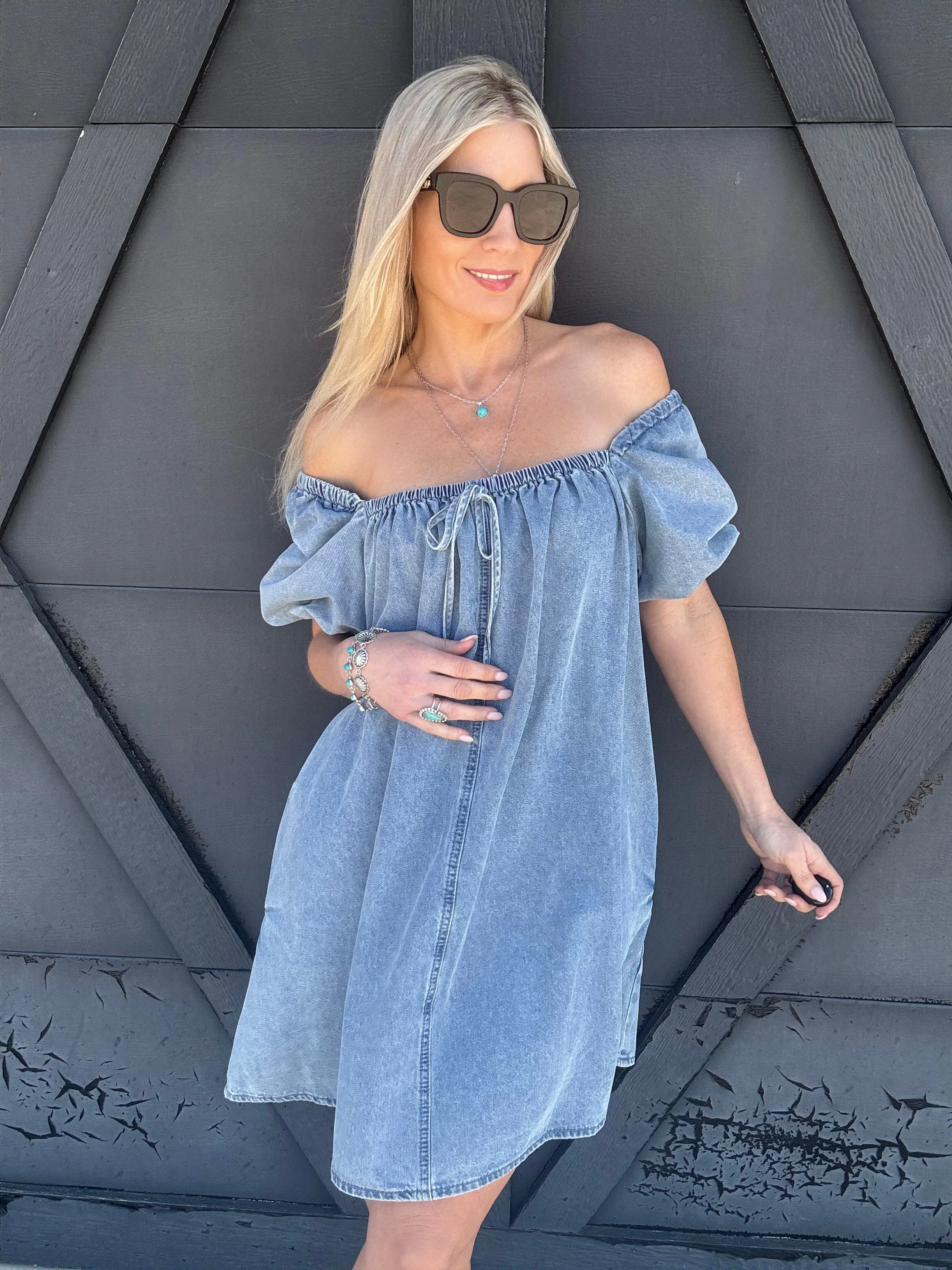 Bubble Sleeve Square Neck Dress In Denim