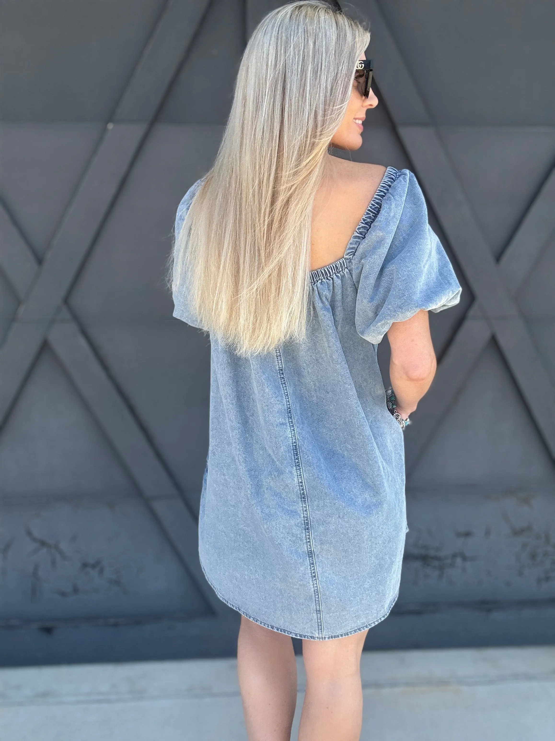 Bubble Sleeve Square Neck Dress In Denim