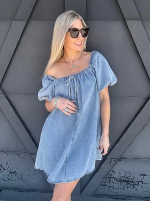 Bubble Sleeve Square Neck Dress In Denim