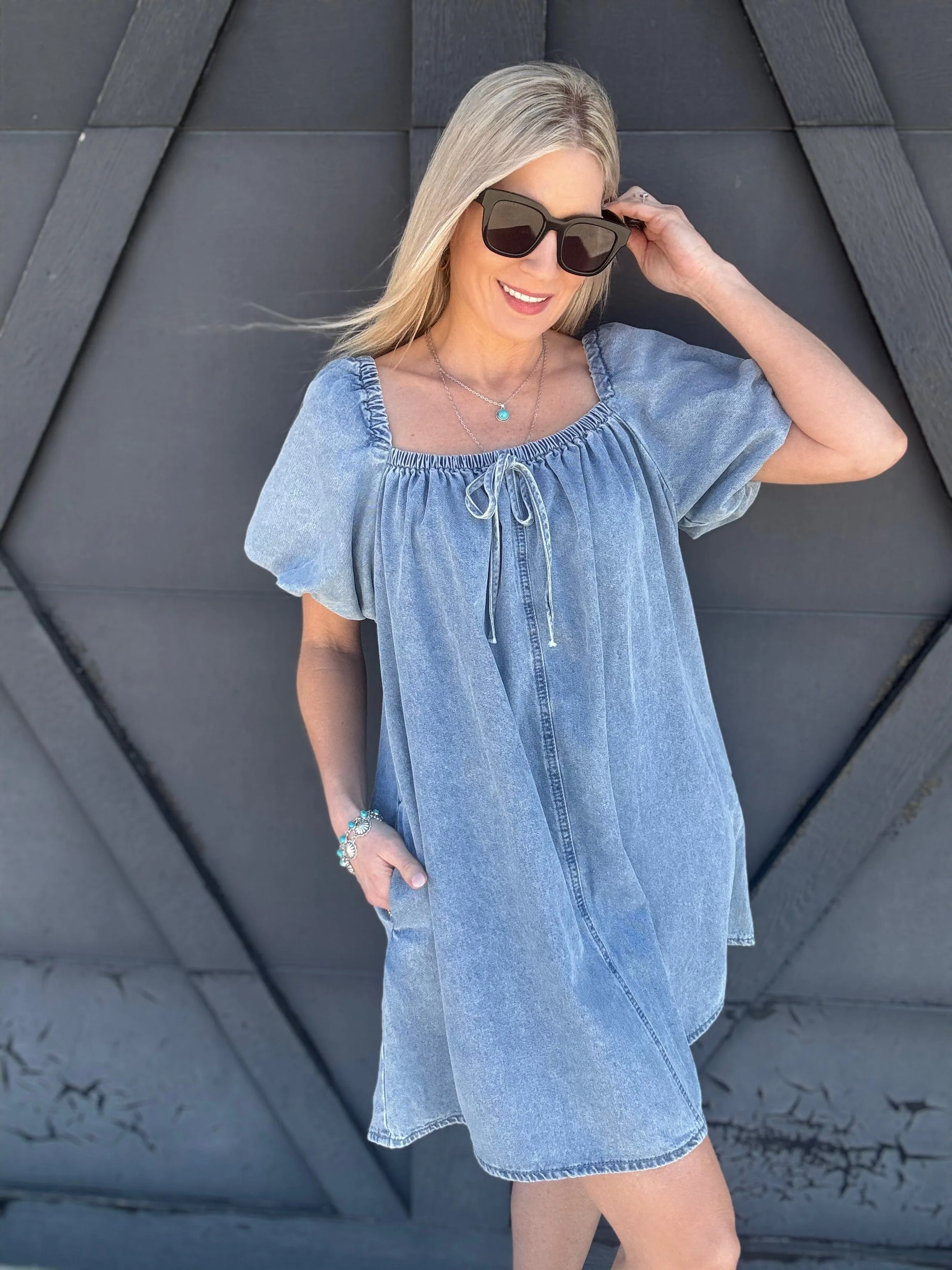 Bubble Sleeve Square Neck Dress In Denim
