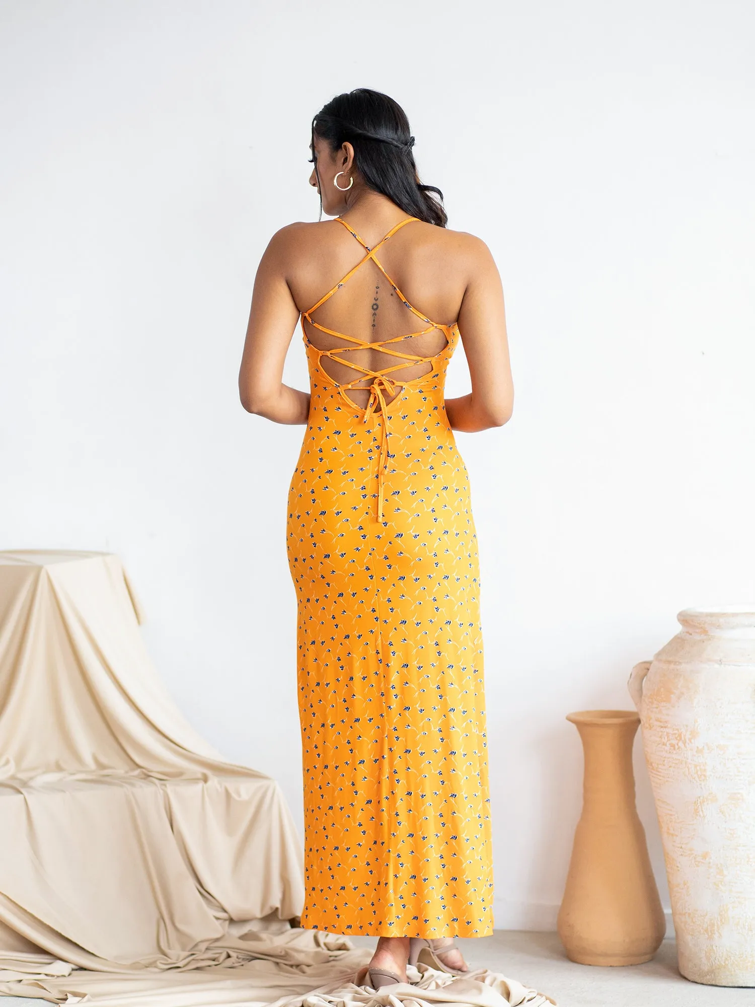 Bustier Detailed Back Tie-UP Maxi Dress