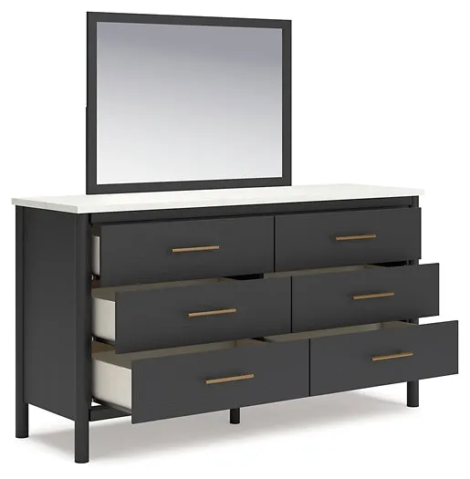 Cadmori King Upholstered Panel Bed with Mirrored Dresser and Nightstand