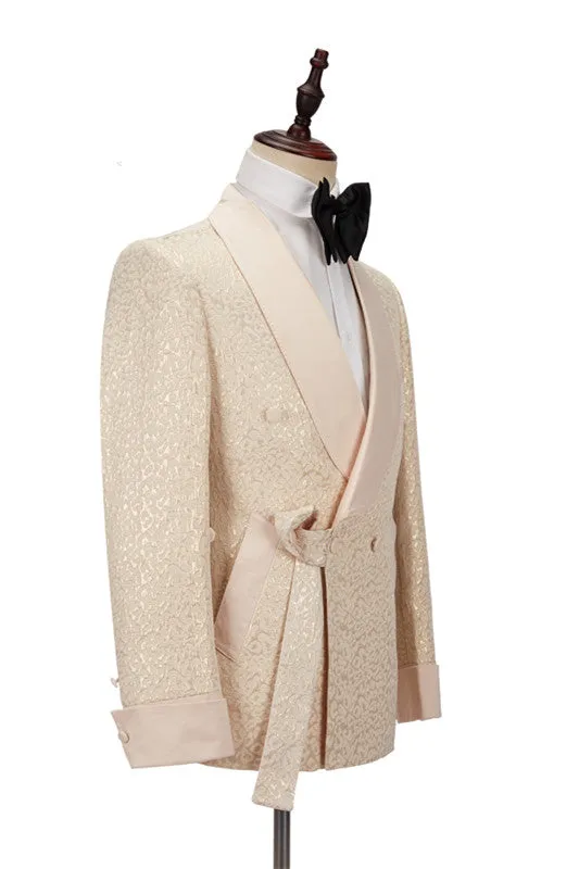 Champagne Shawl Lapel Slim Jacquard Wedding Men Suits