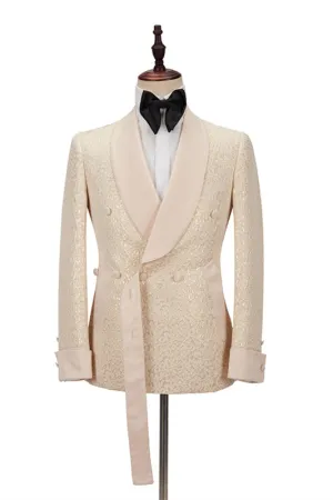 Champagne Shawl Lapel Slim Jacquard Wedding Men Suits