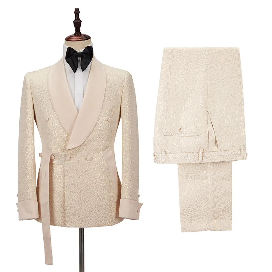 Champagne Shawl Lapel Slim Jacquard Wedding Men Suits