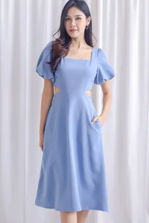 Chantel Sleeved Cut Out Waist Midi Dress In Steel Blue