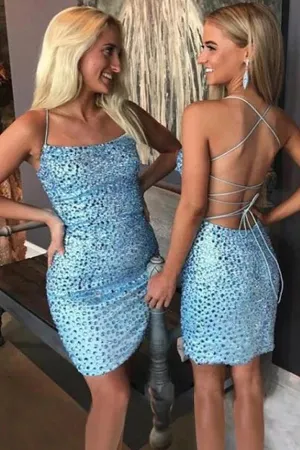 Charming Spaghetti Straps Crisscross Back Beading Mermaid Homecoming Dresses,MH485