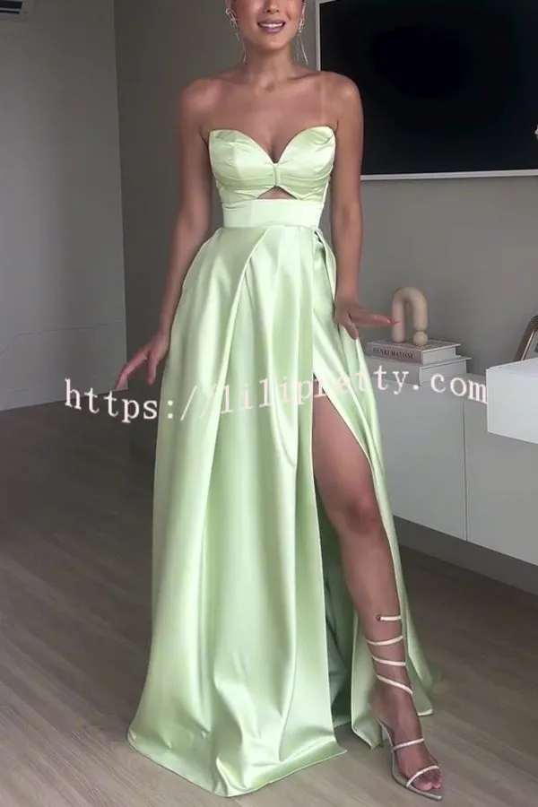 Chic Queen Satin Hollow Strapless Slim High Slit Party Maxi Dress