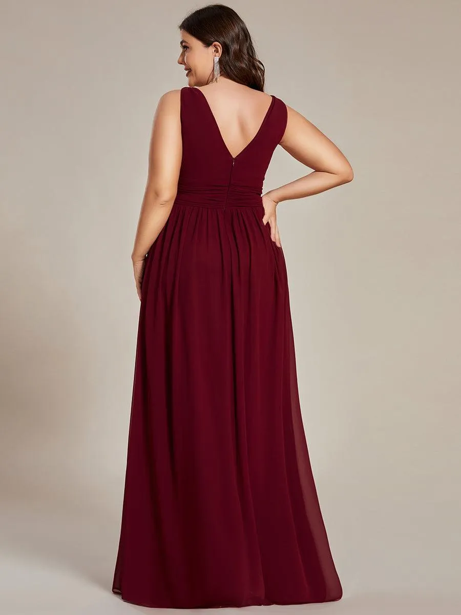 Col V sans manches plissé chiffon robe longue soirée