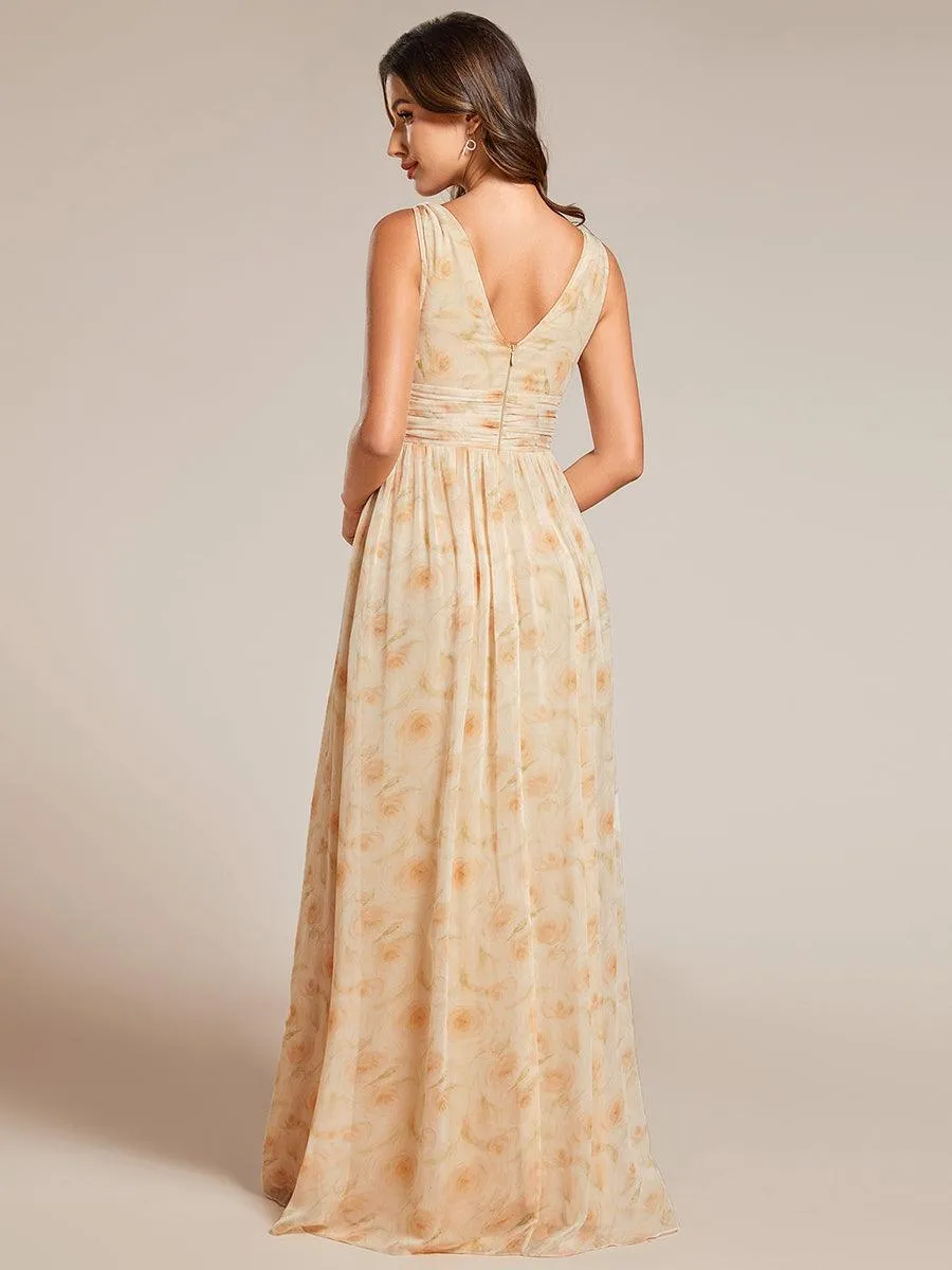 Col V sans manches plissé chiffon robe longue soirée