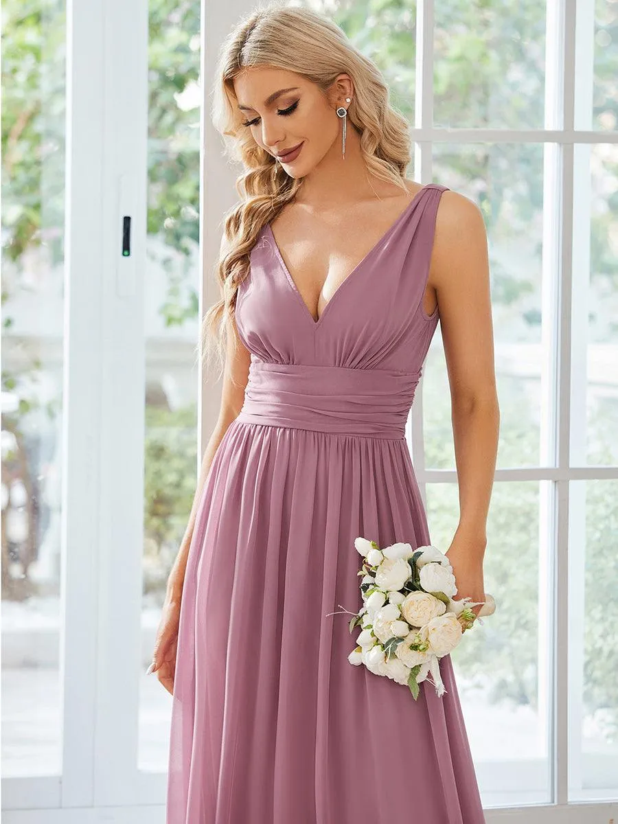 Col V sans manches plissé chiffon robe longue soirée