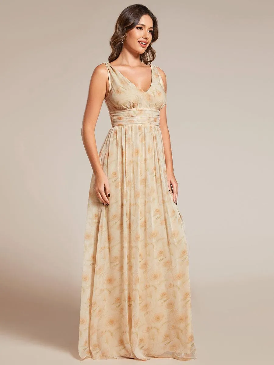 Col V sans manches plissé chiffon robe longue soirée