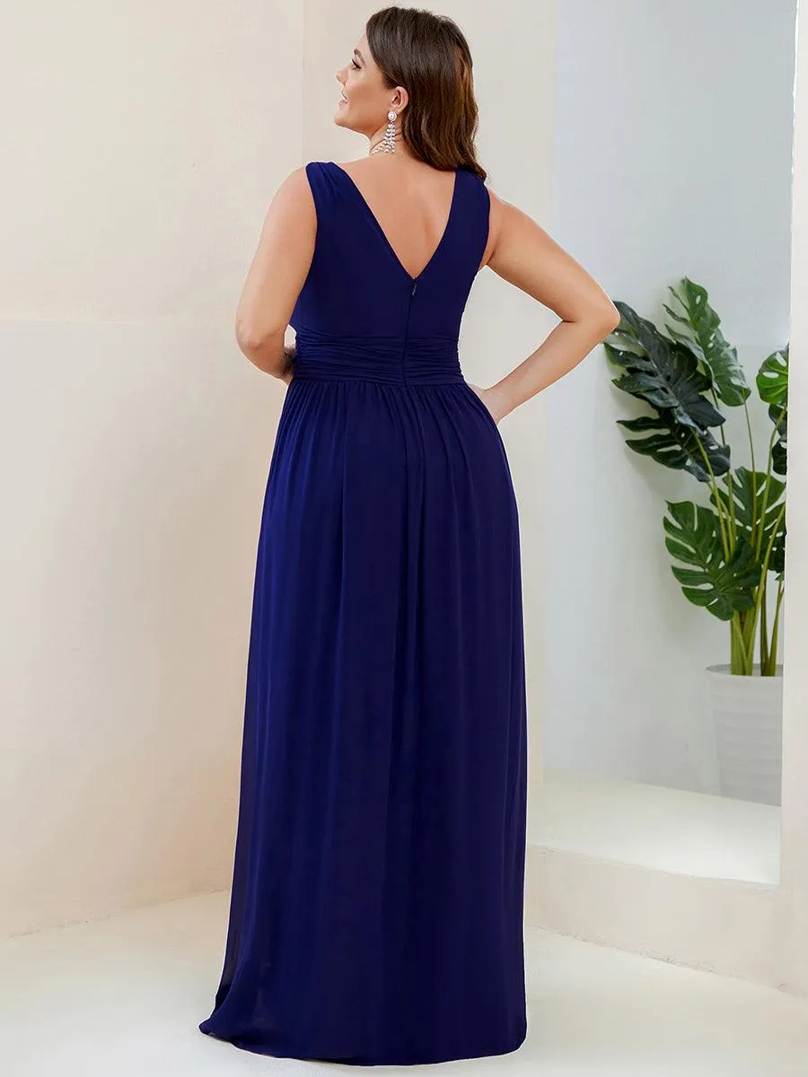 Col V sans manches plissé chiffon robe longue soirée