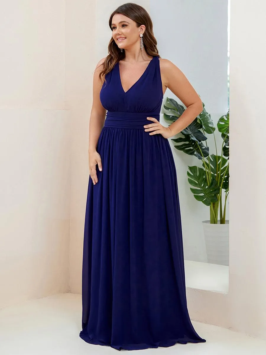 Col V sans manches plissé chiffon robe longue soirée
