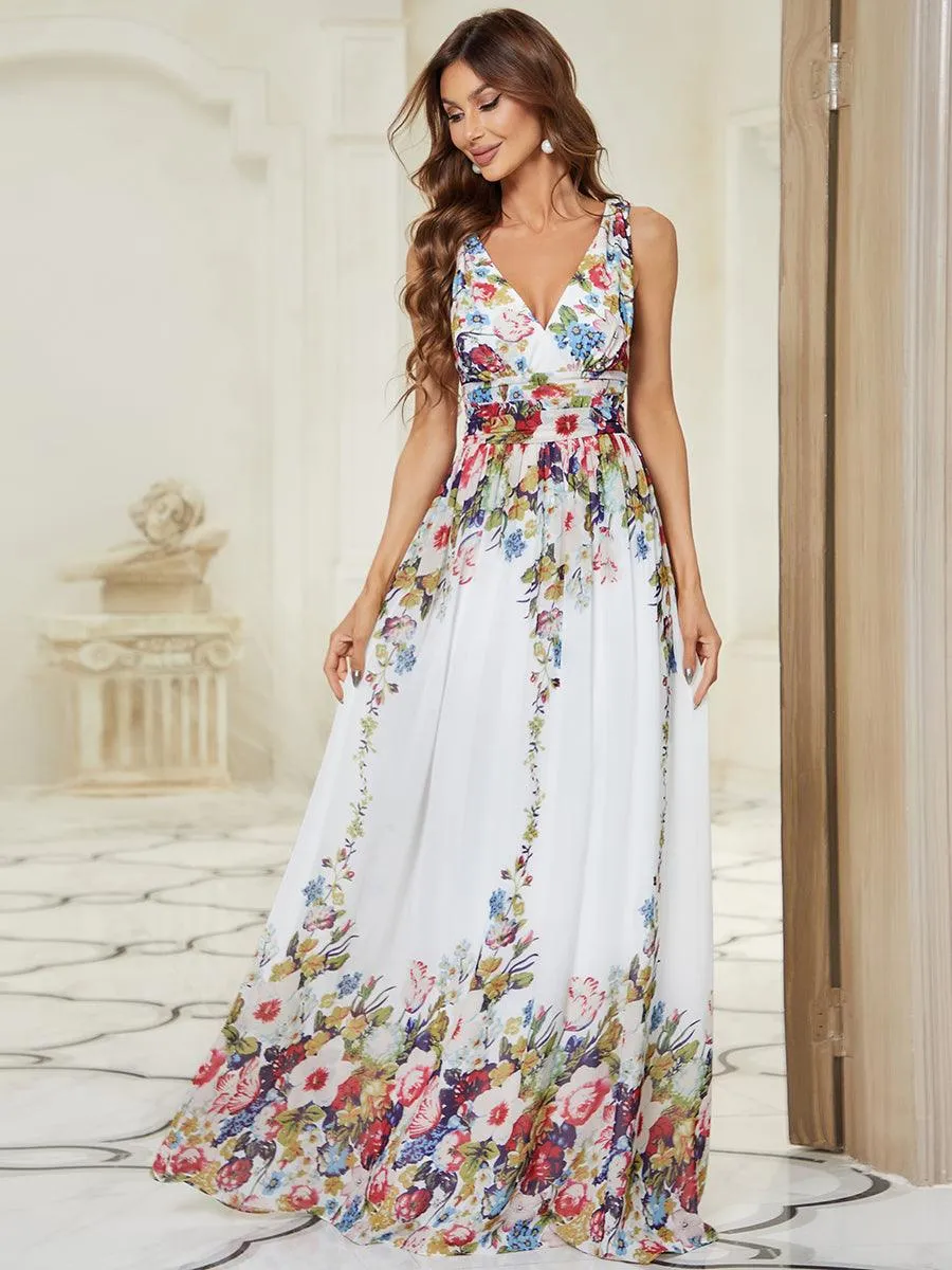 Col V sans manches plissé chiffon robe longue soirée