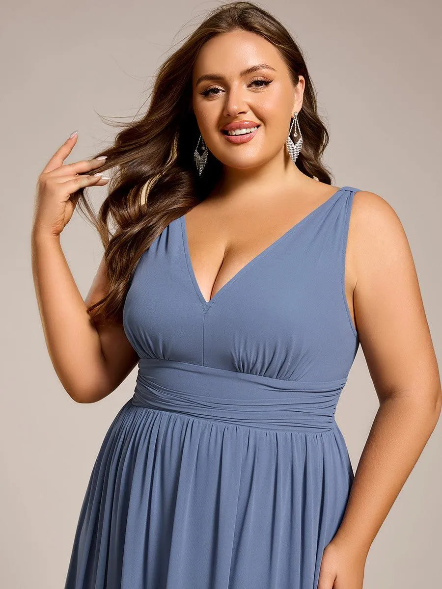 Col V sans manches plissé chiffon robe longue soirée
