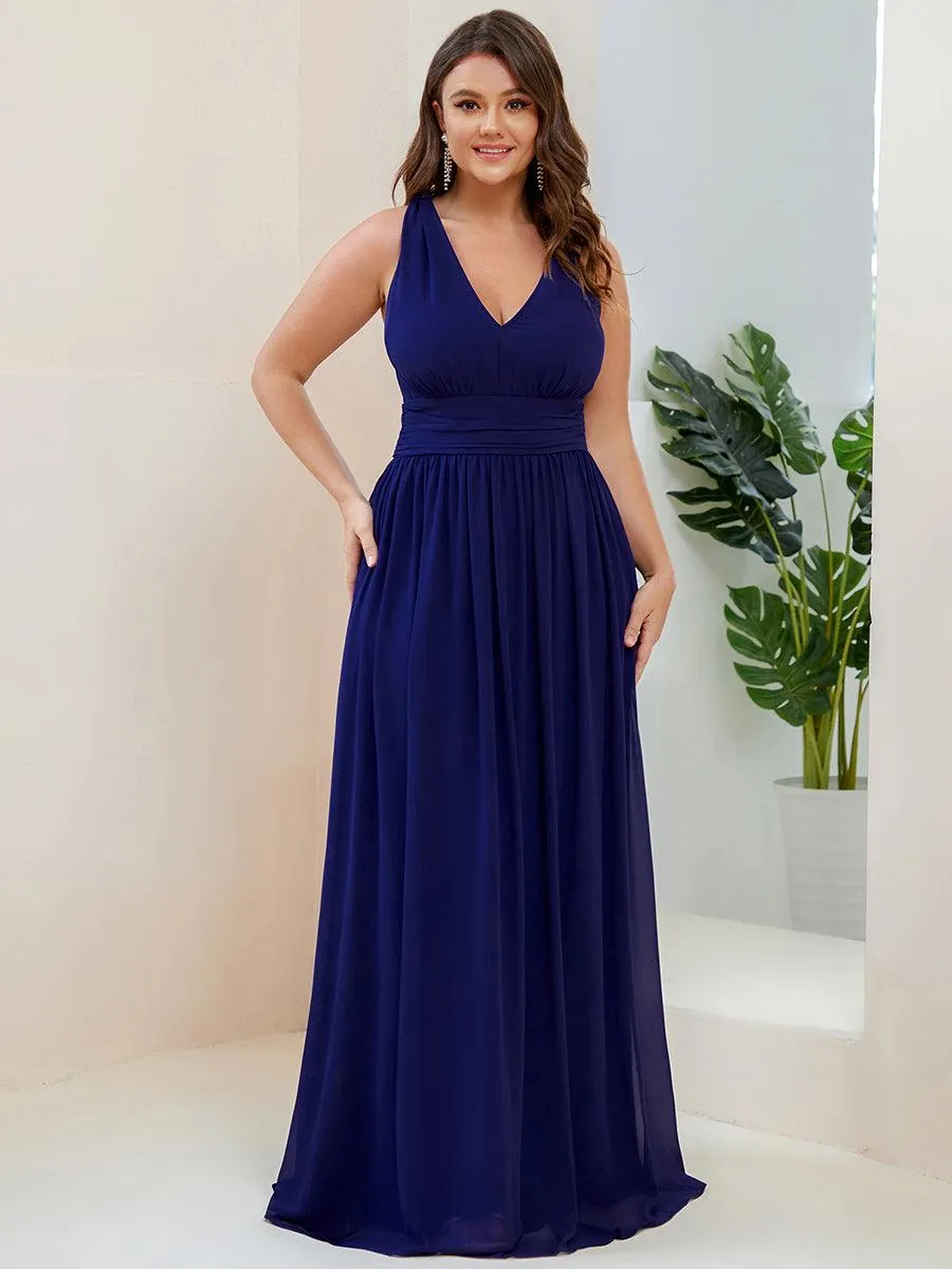 Col V sans manches plissé chiffon robe longue soirée