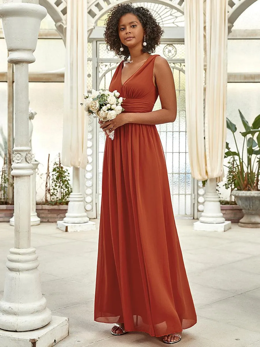 Col V sans manches plissé chiffon robe longue soirée