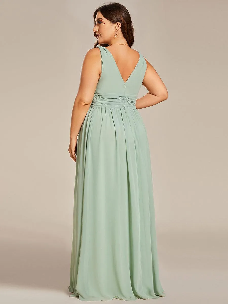 Col V sans manches plissé chiffon robe longue soirée