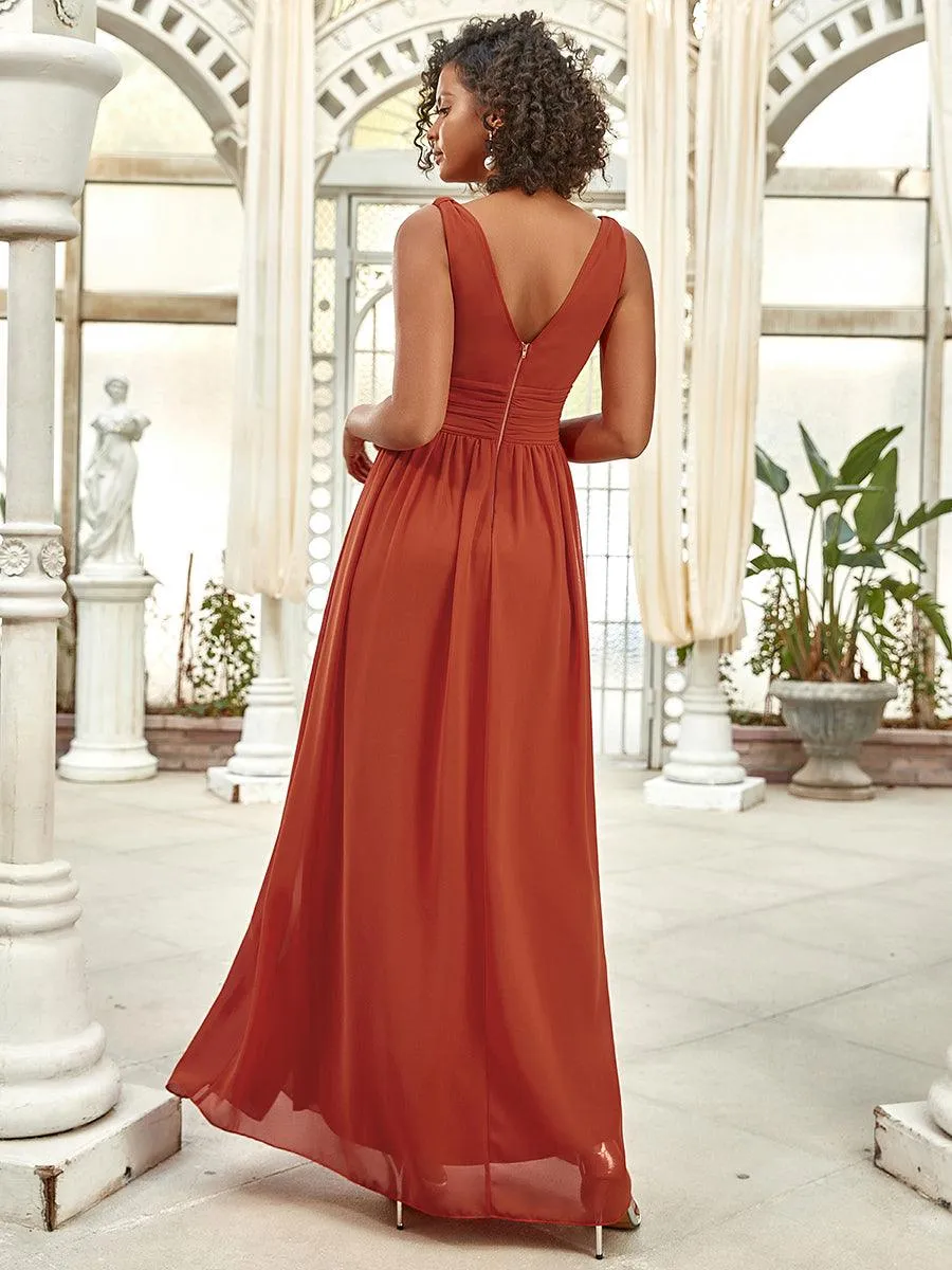 Col V sans manches plissé chiffon robe longue soirée