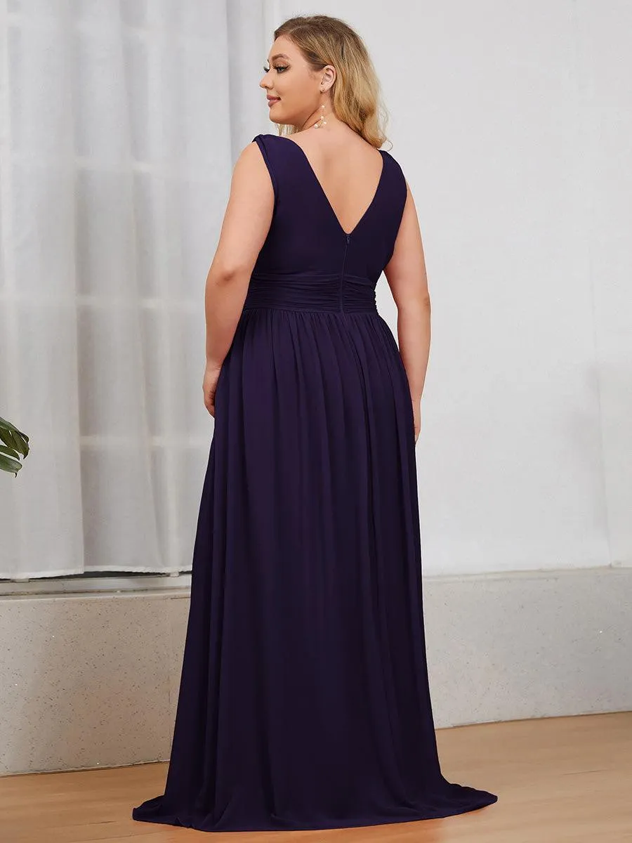 Col V sans manches plissé chiffon robe longue soirée