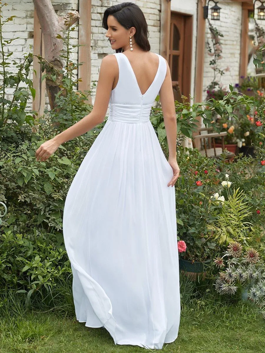 Col V sans manches plissé chiffon robe longue soirée