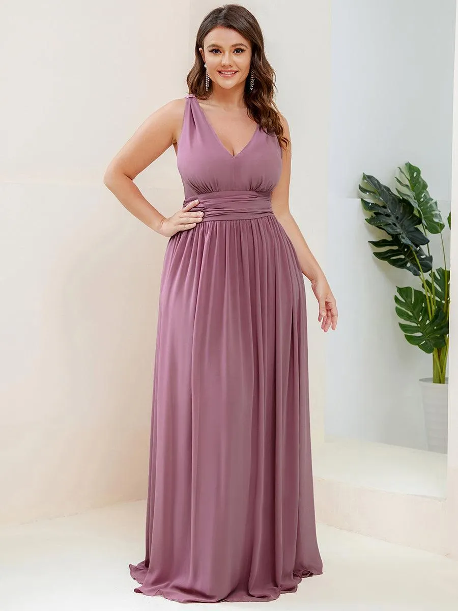 Col V sans manches plissé chiffon robe longue soirée