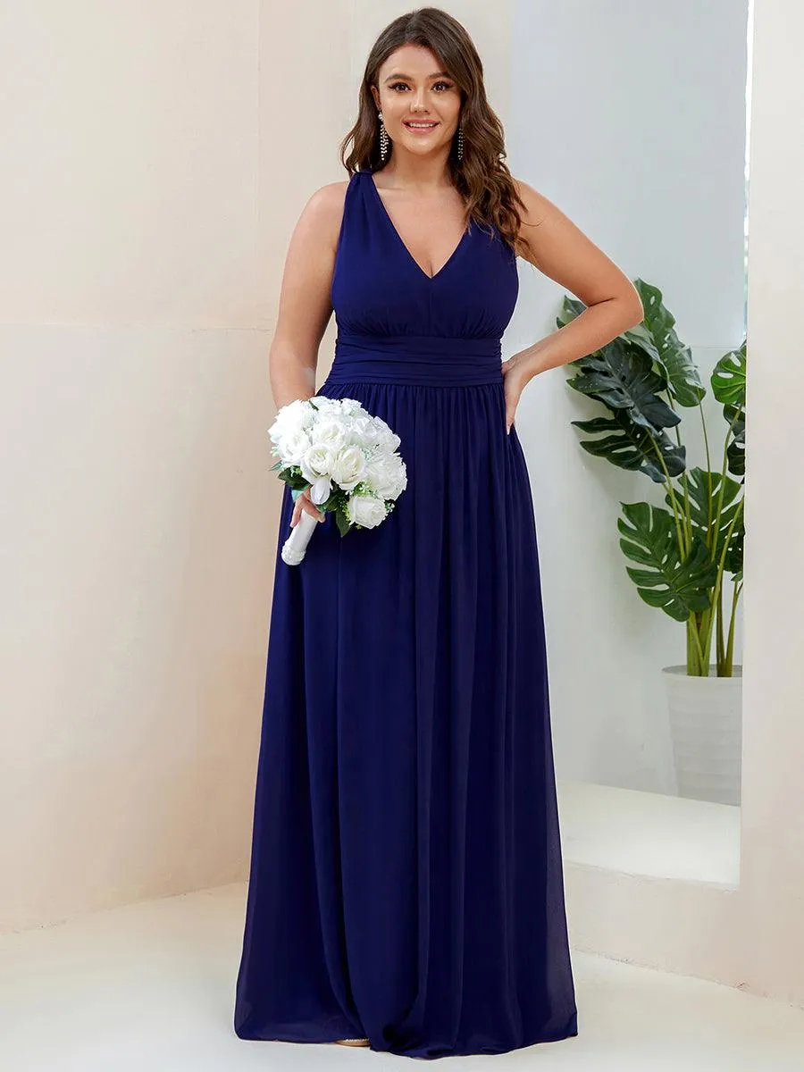 Col V sans manches plissé chiffon robe longue soirée