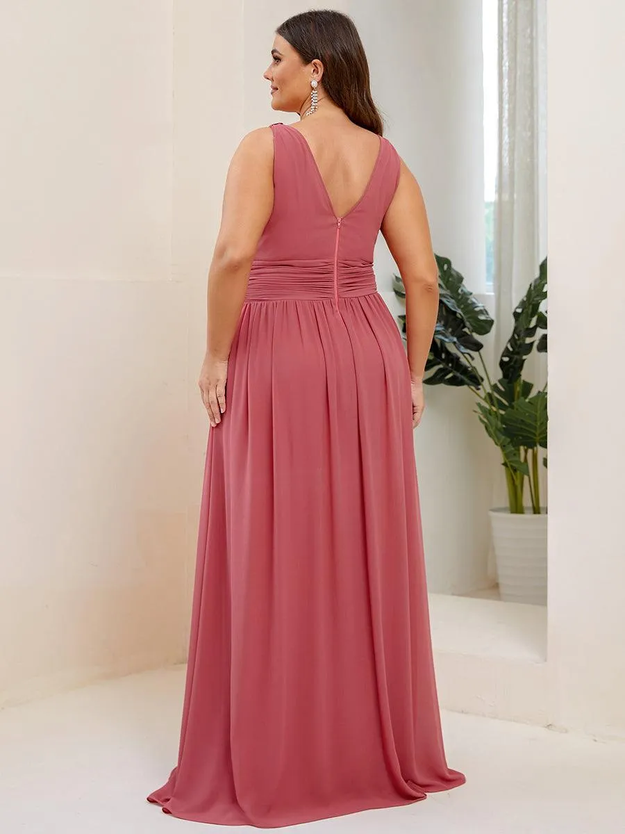 Col V sans manches plissé chiffon robe longue soirée