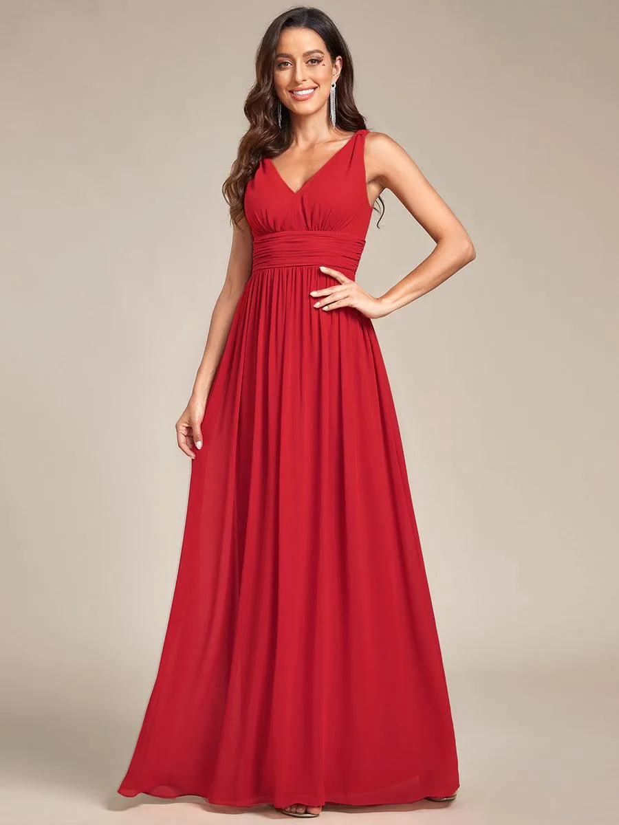 Col V sans manches plissé chiffon robe longue soirée