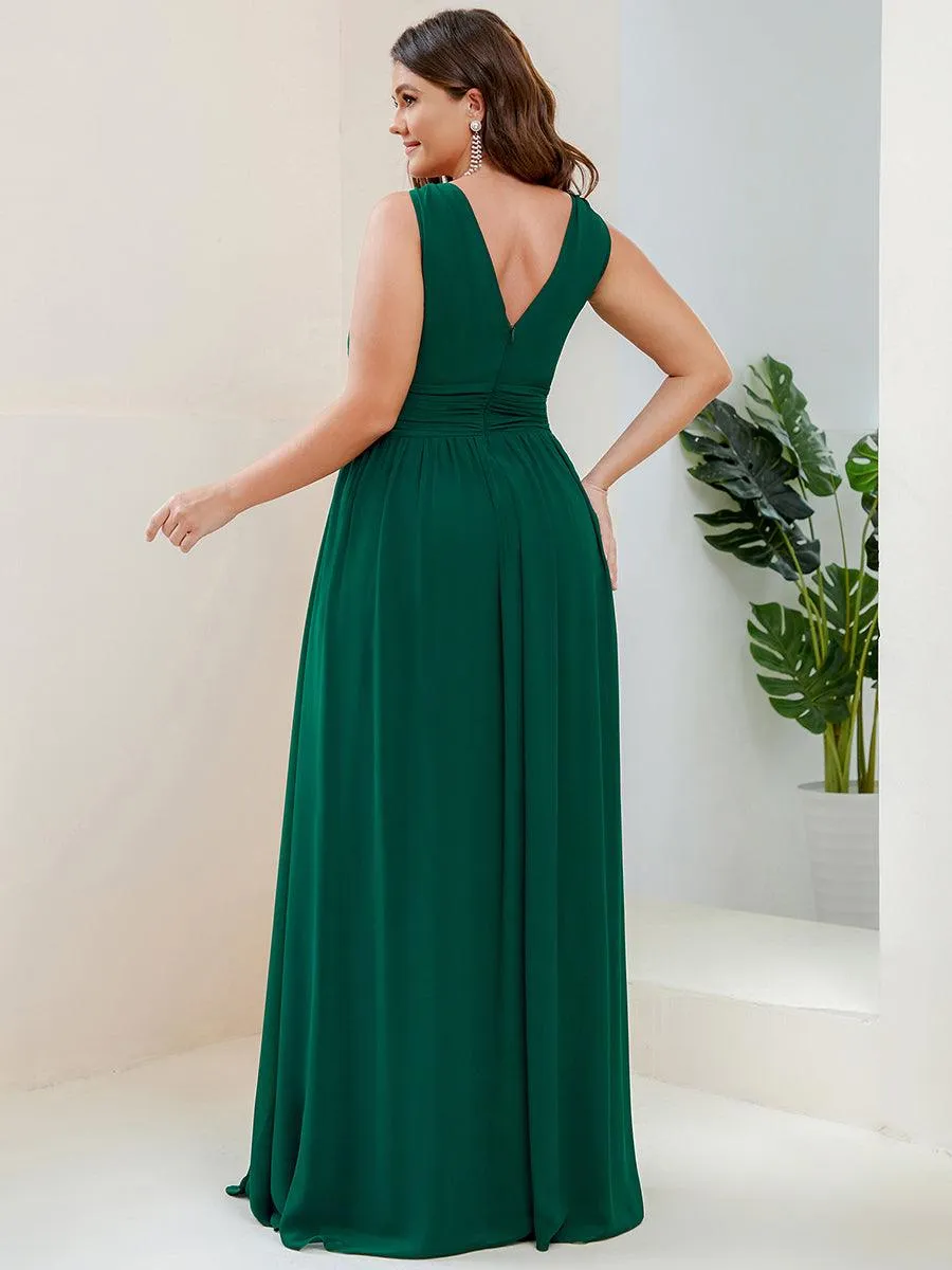 Col V sans manches plissé chiffon robe longue soirée