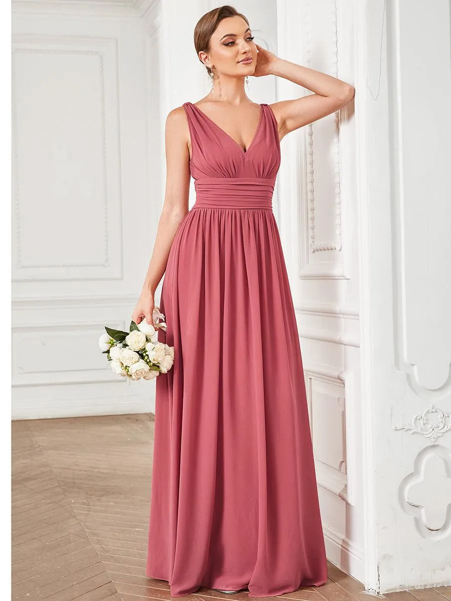 Col V sans manches plissé chiffon robe longue soirée