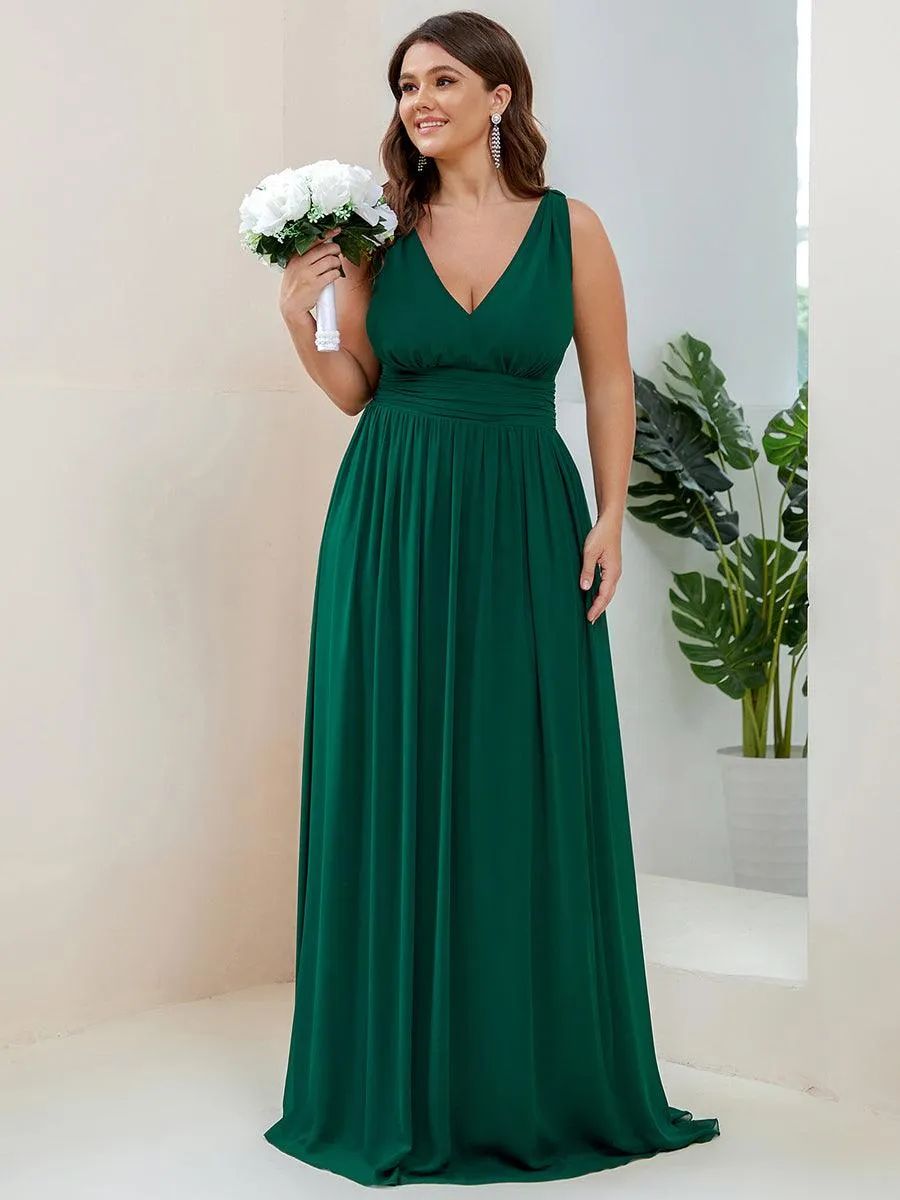 Col V sans manches plissé chiffon robe longue soirée